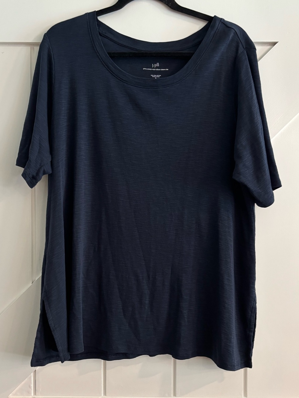 J. Jill Wearever Seamed Knit Top Navy Scoop Neck Short Sleeve Size XL EUC